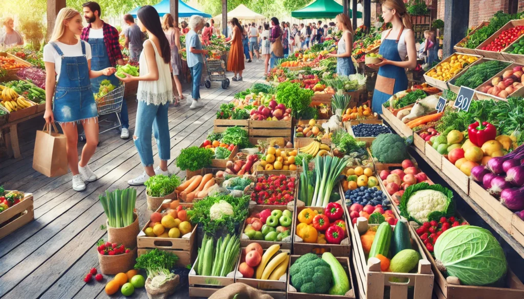 A vibrant farmers' market featuring fresh fruits, vegetables, and whole foods displayed in wooden crates, with people selecting colorful produce for a heart-healthy diet.