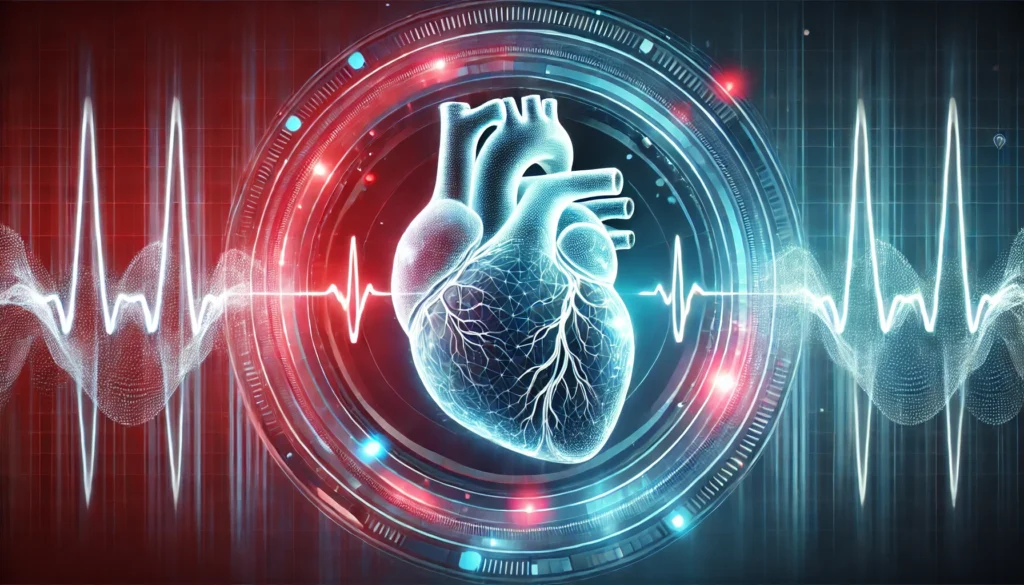 A glowing digital heart with pulsating energy waves, symbolizing advanced cardiovascular health and cutting-edge medical technology.