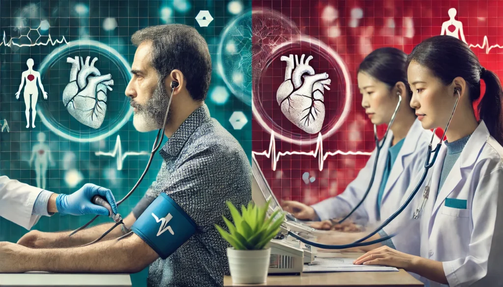 A side-by-side view of a man and a woman in a hospital setting undergoing heart health tests. The man is having an electrocardiogram (ECG) performed, while the woman is undergoing a blood pressure check. Doctors are monitoring their conditions, illustrating gender-specific approaches to diagnosing heart disease.