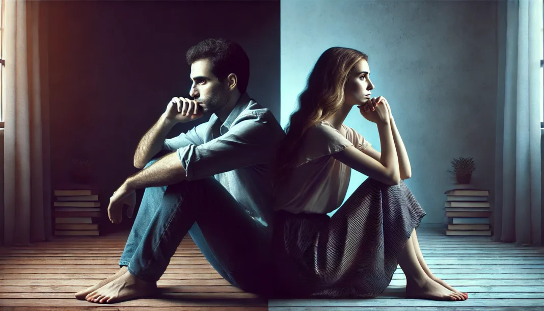 A thought-provoking split-screen image of a man and a woman sitting alone in deep contemplation, visually representing gender differences in mental health struggles.