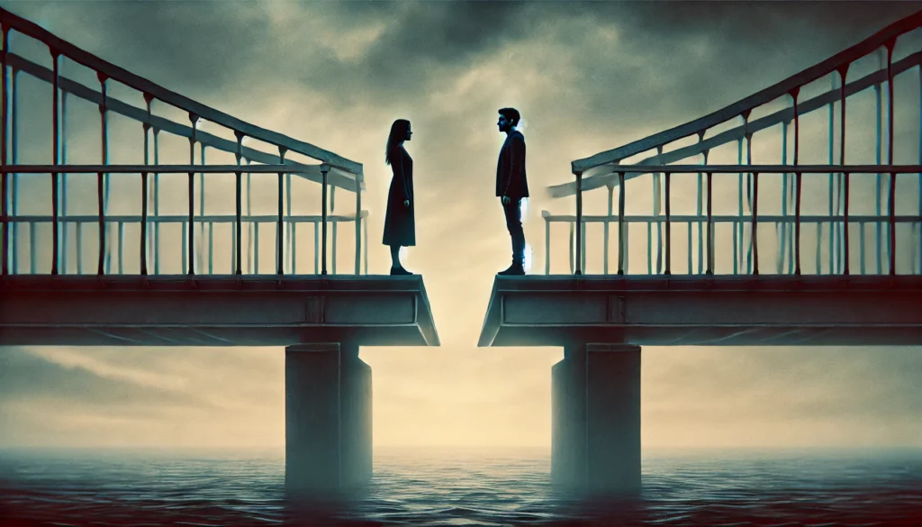 A symbolic image of a man and a woman standing on opposite sides of a bridge, looking away from each other, signifying differing mental health challenges.