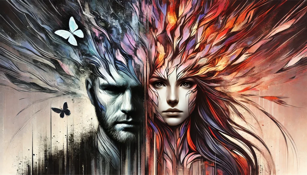 An artistic visualization of mental health challenges, with a man and a woman surrounded by distinct abstract auras illustrating their unique emotional burdens.