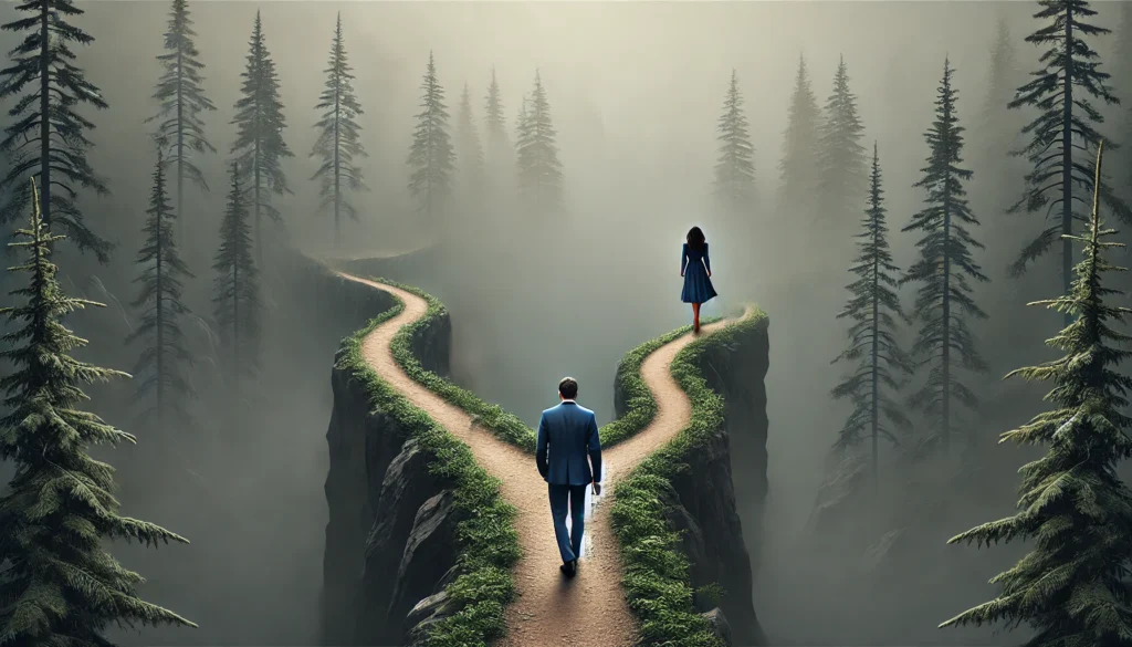 A conceptual image of a man and a woman walking separate paths through a foggy forest, representing their individual mental health journeys and obstacles.