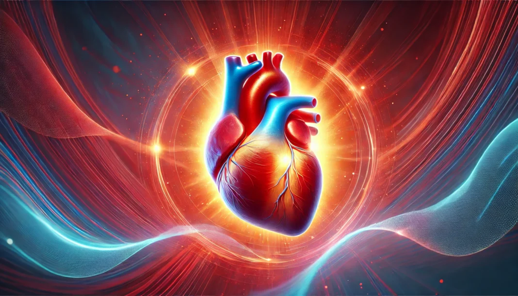 A vibrant digital painting of a healthy human heart surrounded by a glowing red aura, symbolizing cardiovascular vitality and strong circulation.