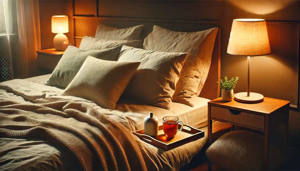 A cozy bedroom with warm lighting, a neatly made bed, plush pillows, and a bedside table with a dimly lit lamp and herbal tea, promoting restful sleep.