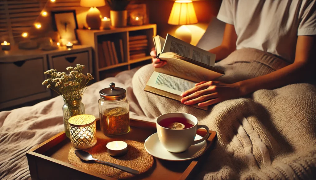 A relaxing evening routine featuring a person reading in bed with a cup of chamomile tea, soft ambient lighting, and a cozy atmosphere to support good sleep hygiene.