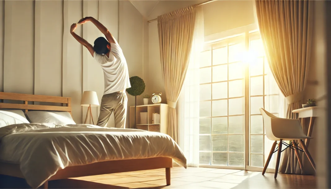 A refreshing morning wake-up scene with a person stretching near a large window as sunlight streams in, promoting natural energy and alertness.