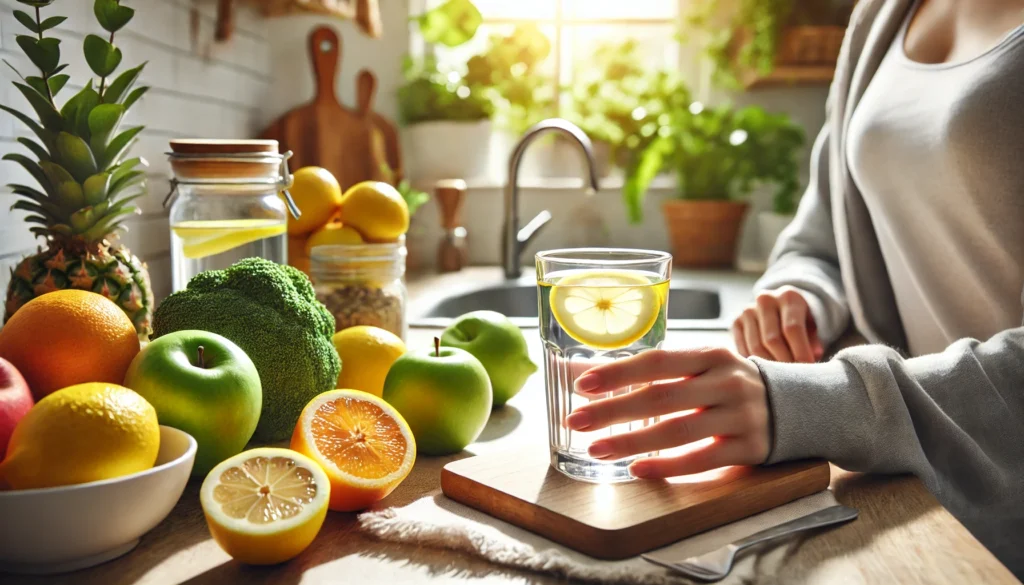 A healthy morning routine with a person drinking a glass of water with lemon at a bright kitchen counter, surrounded by fresh fruits and natural light for hydration and vitality.