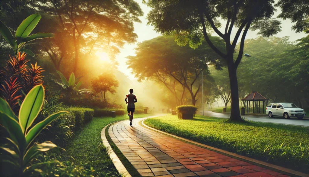 A person jogging on a scenic park trail in the morning, surrounded by greenery and fresh air, creating an invigorating and energetic atmosphere for natural wakefulness.