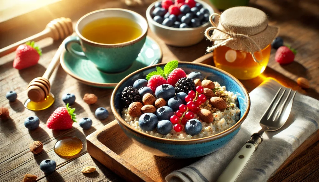 A balanced, energy-boosting breakfast featuring oatmeal with fresh berries, nuts, and honey, along with green tea, placed on a wooden table near a sunlit window for a healthy start.