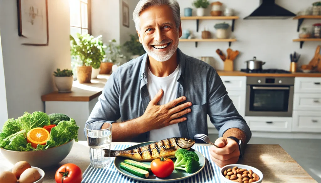 A smiling older man sits at a table enjoying a heart-healthy meal consisting of fresh vegetables, grilled fish, and nuts. A glass of water is placed beside the meal. The bright and warm kitchen setting highlights the importance of nutritious eating for cardiovascular health.