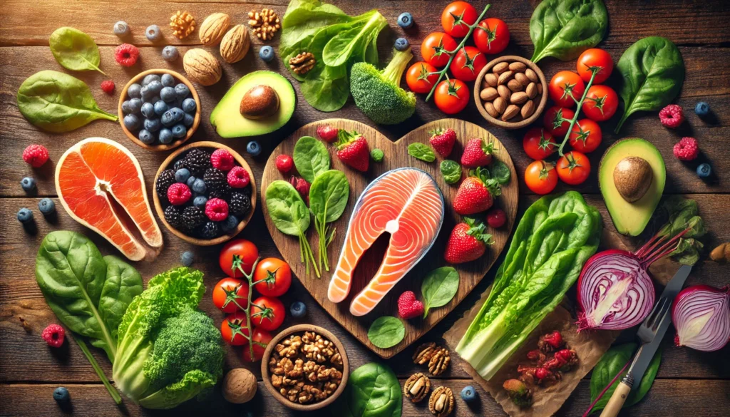 A top-down view of fresh heart-healthy foods, including salmon, avocado, nuts, leafy greens, and berries, arranged on a rustic wooden table to promote cardiovascular wellness.