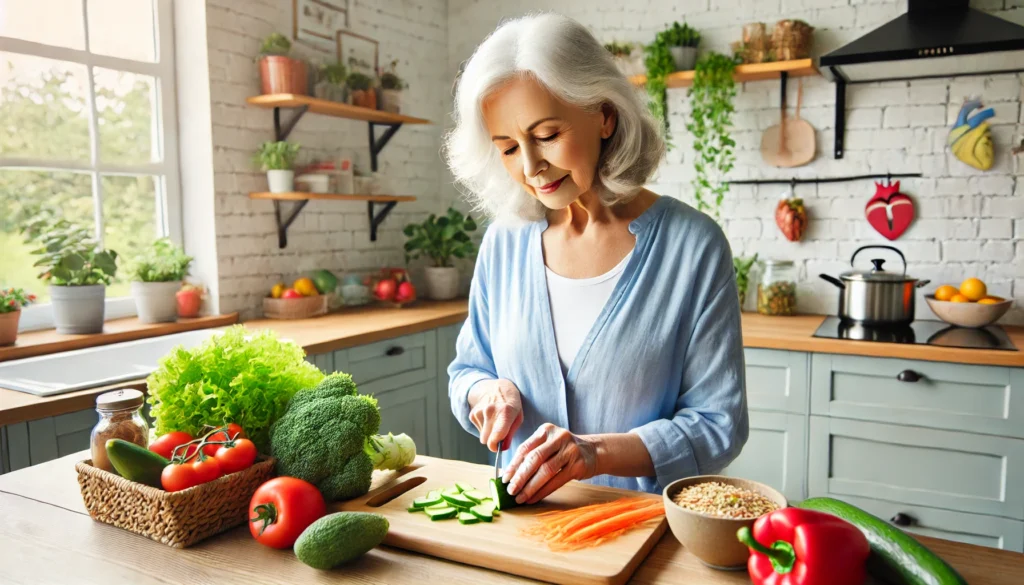 An elderly person preparing a heart-healthy meal in a bright kitchen, slicing fresh vegetables on a countertop filled with whole grains, lean protein, and nutritious ingredients.