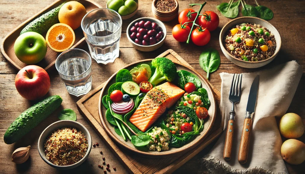 A cozy dining setting featuring a heart-healthy meal with grilled salmon, leafy greens, quinoa, and colorful vegetables, accompanied by a glass of water and a bowl of fresh fruit.