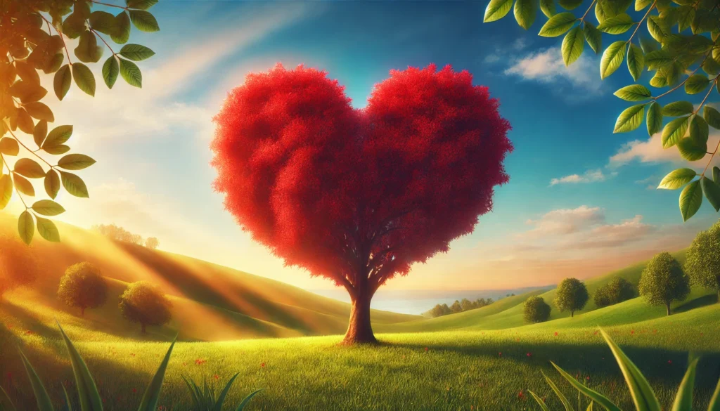 A heart-shaped tree with lush red leaves standing in a green meadow under a bright blue sky, symbolizing heart health, longevity, and vitality.