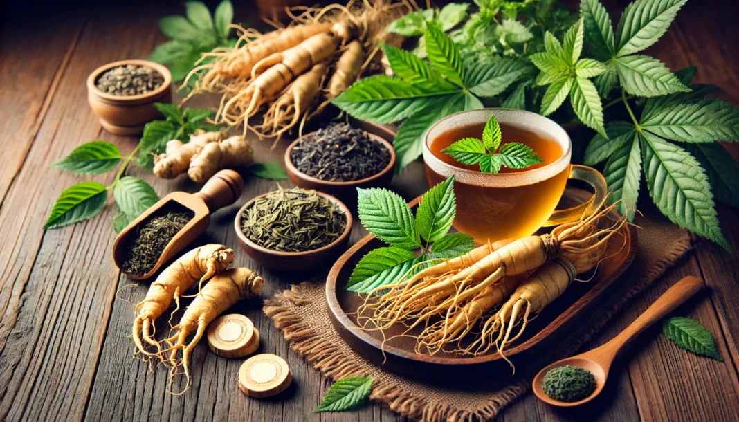 A beautifully arranged wooden table featuring fresh ginseng roots, green tea leaves, and a steaming cup of herbal tea, highlighting natural herbs for boosting mental clarity and stamina.