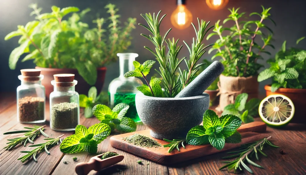 A natural display of fresh rosemary, peppermint leaves, and a mortar and pestle with crushed herbs, emphasizing their role in enhancing concentration and cognitive function.