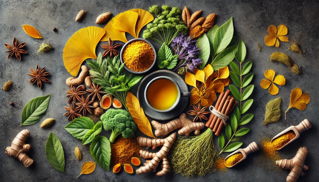 An artistic flat-lay arrangement of fresh and dried herbs including ginkgo biloba, turmeric, and holy basil, placed alongside a cup of golden herbal tea, representing their energy-boosting and cognitive-enhancing benefits.