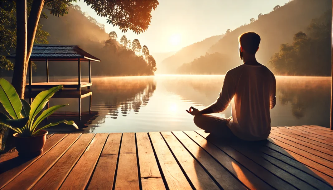 A serene outdoor meditation scene with a person sitting cross-legged on a wooden deck overlooking a calm lake at sunrise, surrounded by nature and soft morning light.