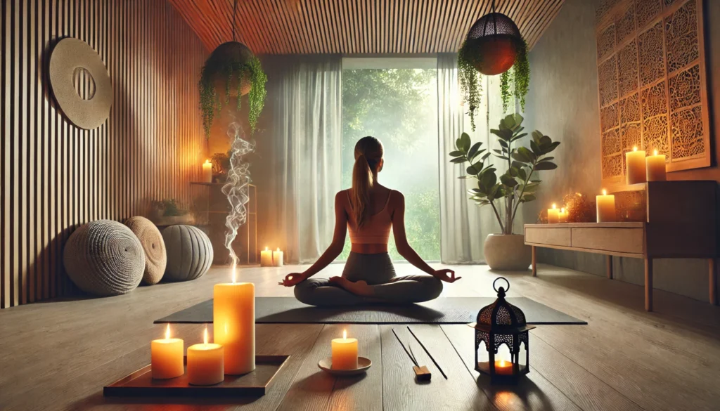 A cozy indoor meditation space featuring a person sitting on a yoga mat in a peaceful posture, surrounded by candles, incense, and soft lighting for mindfulness and stress relief.