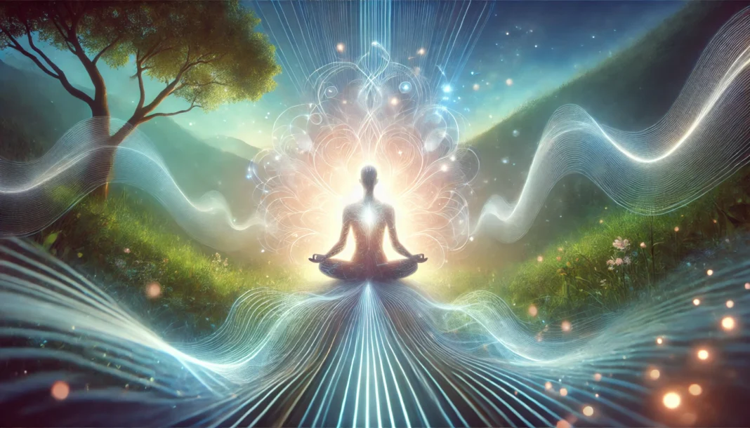 A person meditating in a serene natural setting, surrounded by glowing energy waves symbolizing mental clarity, stress reduction, and emotional balance through meditation.