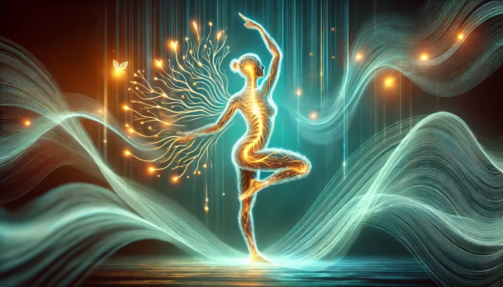 Abstract visualization of the mind-body connection through yoga, featuring a glowing human figure in a yoga pose with illuminated neural pathways, symbolizing improved mental health and emotional stability.