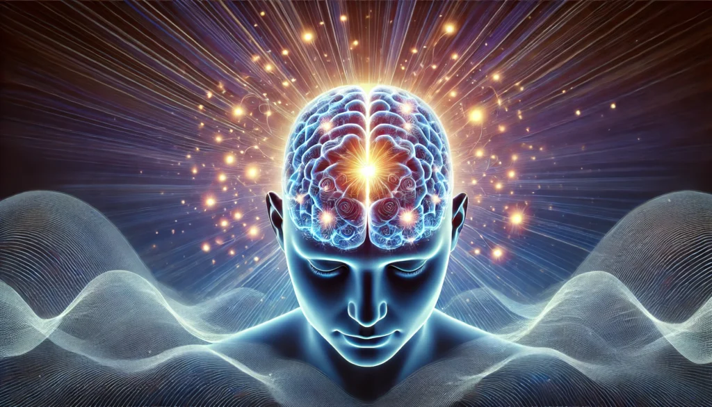 Glowing brain with interconnected neural pathways radiating calm energy, surrounded by soft waves of light, representing the brain’s response to meditation and its benefits for stress reduction and mental clarity.