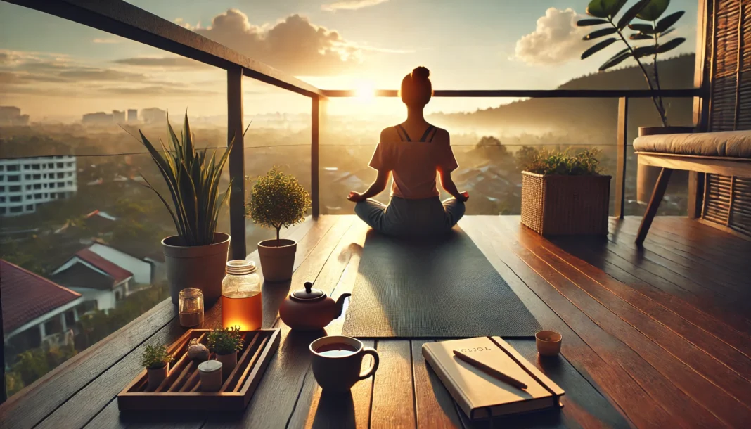 A peaceful morning routine with a person practicing deep breathing on a balcony at sunrise, surrounded by a cup of herbal tea, a journal, and a potted plant for mindfulness.