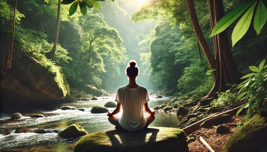 A person meditating by a gentle river, sitting on a rock with eyes closed, surrounded by lush greenery and sunlight filtering through the trees, promoting stress relief and inner peace.