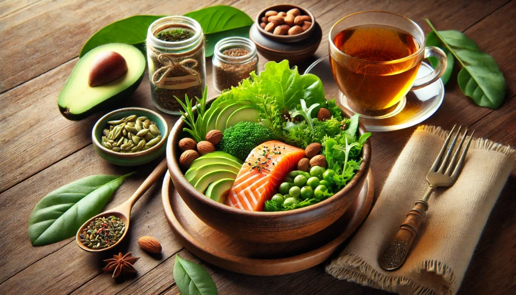 A nutritious, anti-anxiety meal featuring salmon, avocado, nuts, and leafy greens on a wooden table with a cup of herbal tea, promoting natural healing through a healthy diet.