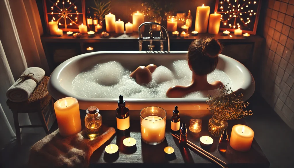 A relaxing evening self-care routine with a person soaking in a warm bubble bath, surrounded by candles and essential oils, emphasizing natural stress relief and mental well-being.