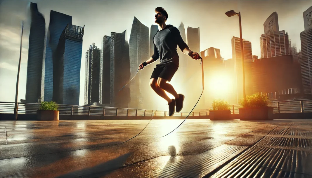 A high-energy image of a person mid-air during an intense jump rope session, showcasing agility and endurance for rapid cardio improvement.