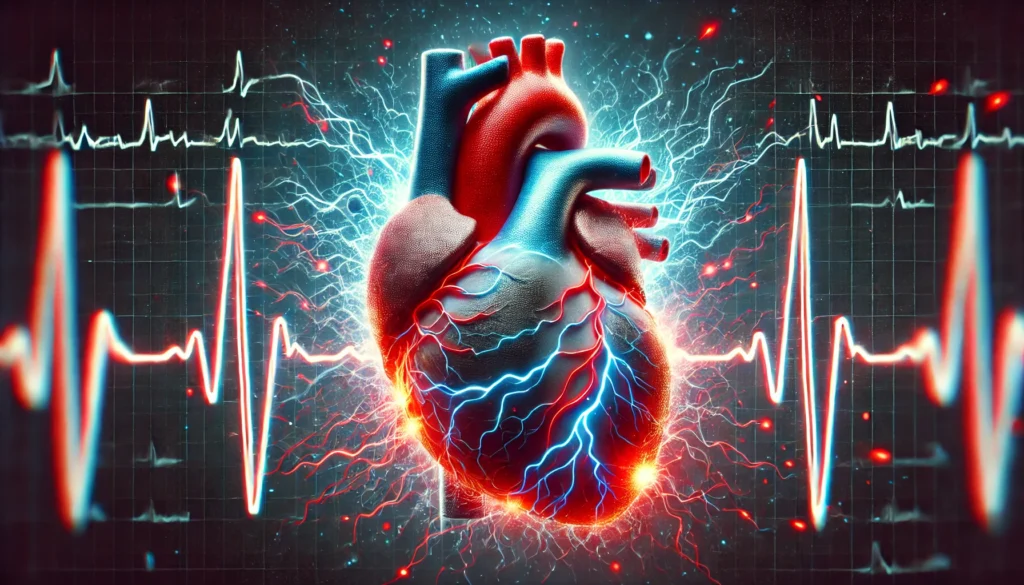 A medical conceptual image of an irregular heartbeat, featuring an anatomically accurate heart surrounded by chaotic pulse waves, symbolizing atrial fibrillation and arrhythmia.