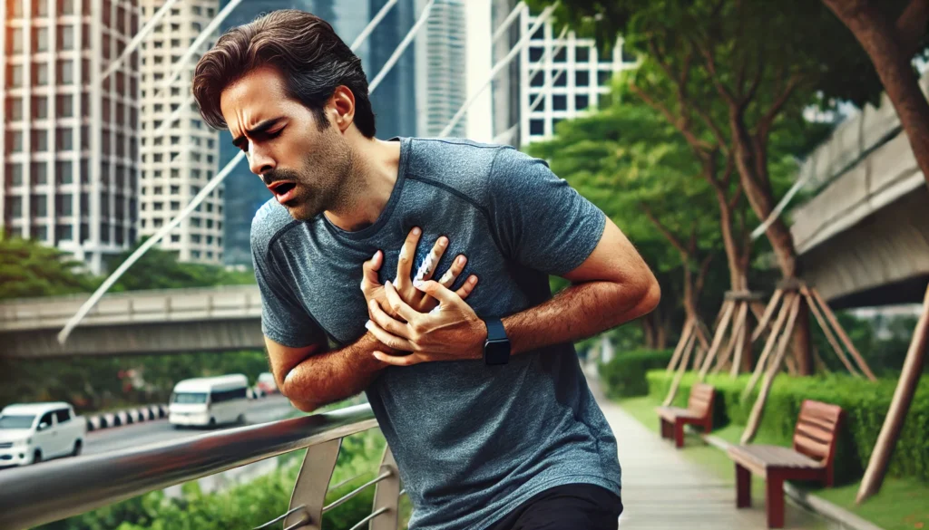 A man in his 40s jogging in an urban park, suddenly stopping and leaning against a railing, gripping his chest in discomfort. His expression shows pain and breathlessness, with a cityscape and greenery in the background.