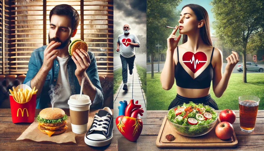 A split-screen composition shows a man and a woman making different heart health choices. On the left, a man eats unhealthy fast food and smokes, while on the right, a woman enjoys a heart-healthy salad and exercises outdoors. The contrasting lifestyles highlight how different habits impact heart disease risk in men and women.