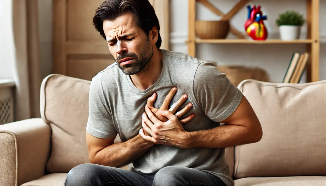 A middle-aged man sitting on a couch, clutching his chest with a pained expression, possibly experiencing early signs of heart disease. His face shows discomfort, and the background features a cozy home setting.