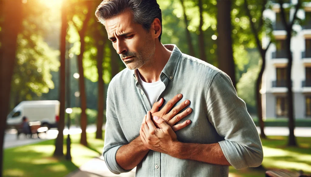 A man in his 50s standing outdoors, pausing during a walk and holding his chest with discomfort. His face shows unease, possibly indicating heart discomfort, with a natural park setting in the background.