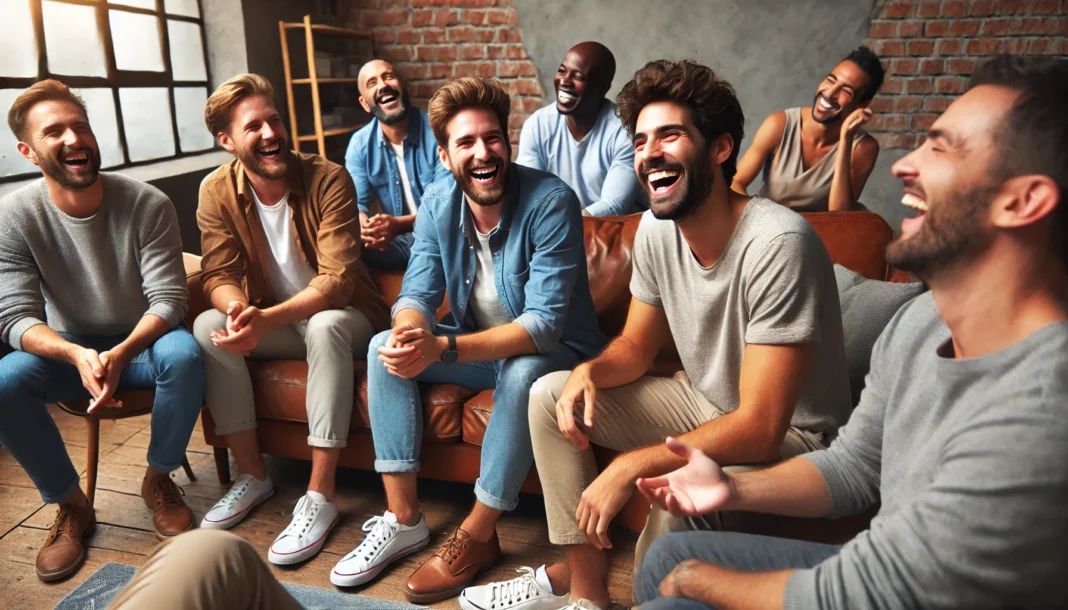 A diverse group of men laughing and engaging in a lighthearted therapy session. The casual and welcoming setting emphasizes camaraderie and breaking the stigma of seeking help.