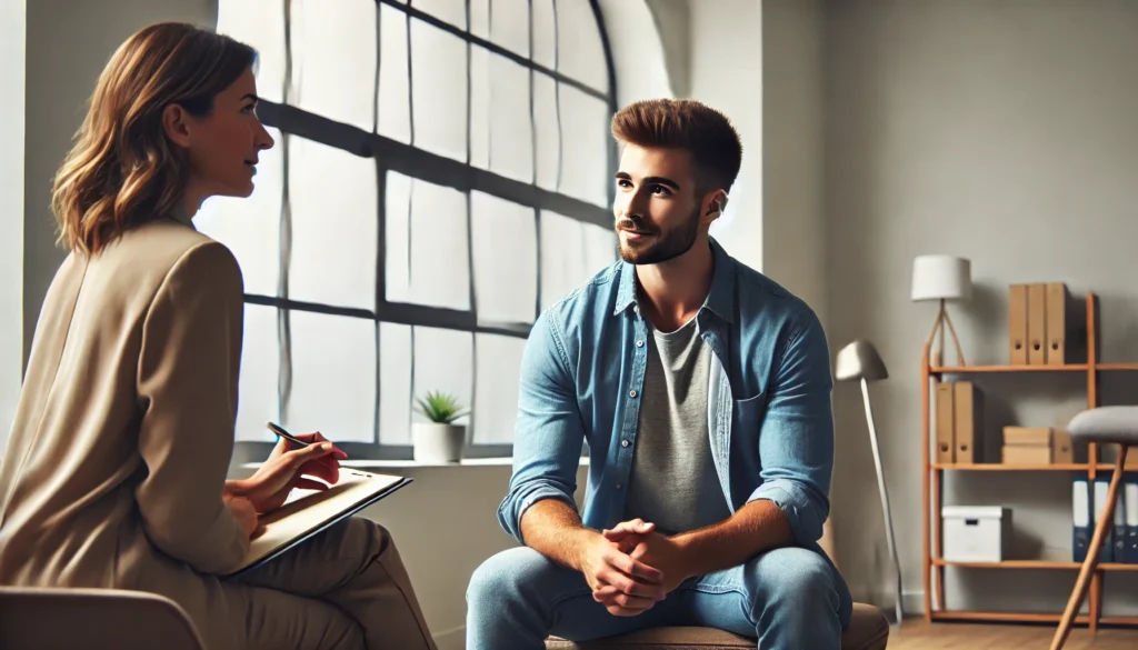 A man confidently talks with a therapist in a modern, well-lit office. The professional yet inviting environment symbolizes the evolving conversation around men’s mental health.