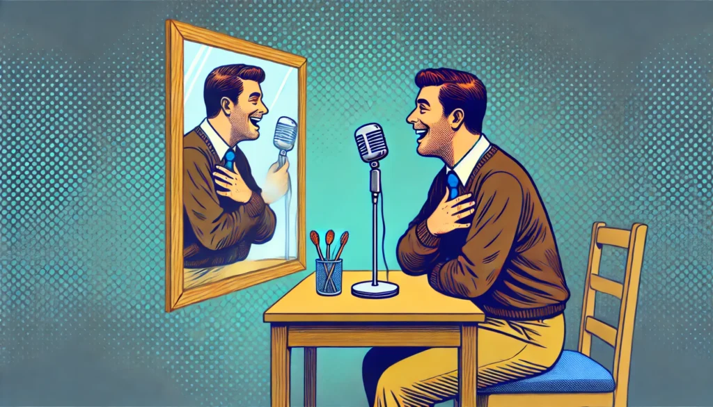 A humorous yet impactful scene of a man talking to his reflection in the mirror, simulating a therapy session. The image conveys self-awareness, personal growth, and the influence of media on mental health discussions.