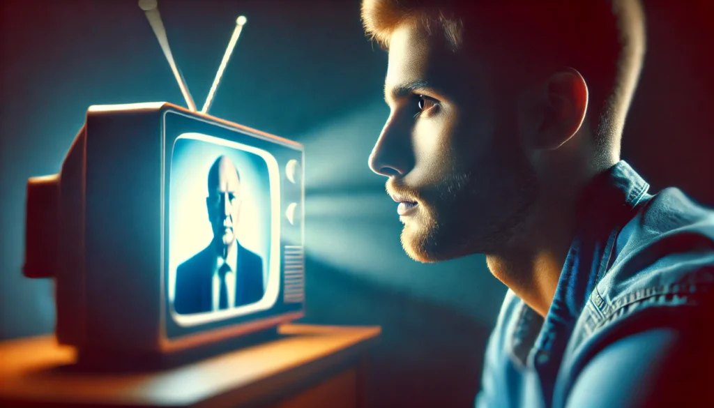 A man watches TV with an intrigued expression. The soft glow from the screen illuminates his thoughtful face, while the blurred background symbolizes the media’s role in changing perspectives on men’s mental health. The TV screen is free of any text or logos.