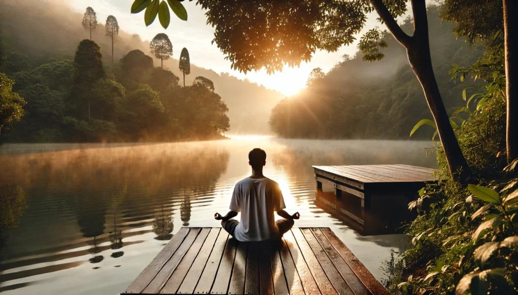 A peaceful outdoor meditation scene with a person sitting cross-legged on a wooden platform near a calm lake at sunrise, surrounded by nature, promoting mindfulness and relaxation.