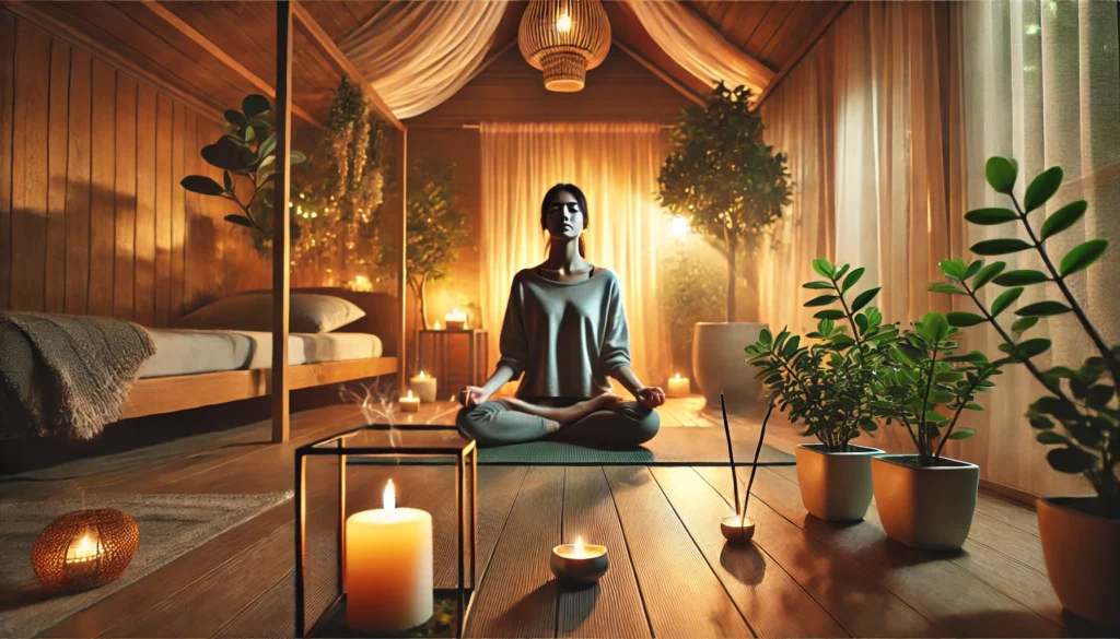 A serene indoor meditation space featuring a person in a lotus position on a yoga mat, with warm lighting, incense, and greenery creating a tranquil mindfulness environment.