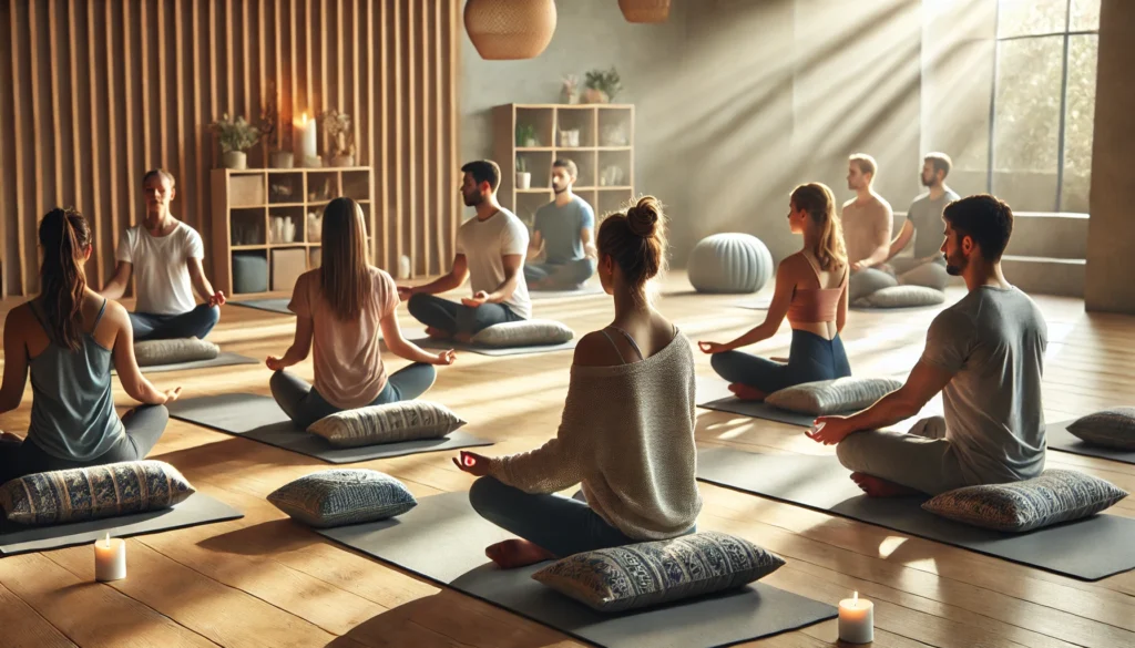 A group meditation session in a modern wellness studio with soft, natural lighting, where several people sit cross-legged on cushions, participating in a guided mindfulness practice.