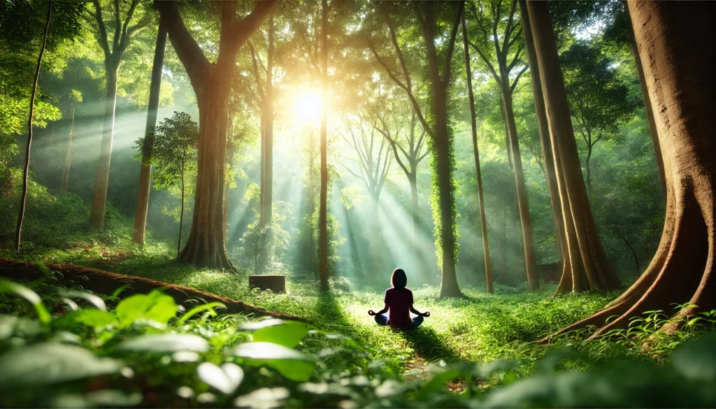 A tranquil forest meditation scene with a person sitting in a comfortable meditative pose, surrounded by lush greenery and soft sunlight, enhancing deep breathing and relaxation.