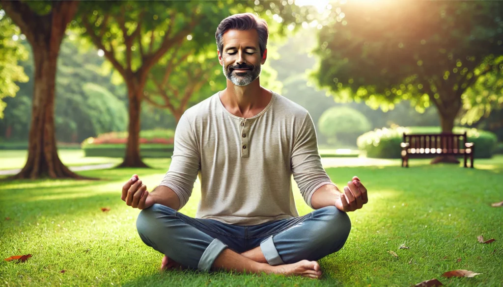 A happy middle-aged man meditates in a peaceful outdoor park, sitting cross-legged on the grass with his eyes closed and a relaxed expression. Sunlight filters through the trees, creating a calm and stress-free atmosphere, emphasizing the connection between mental well-being and cardiovascular health.