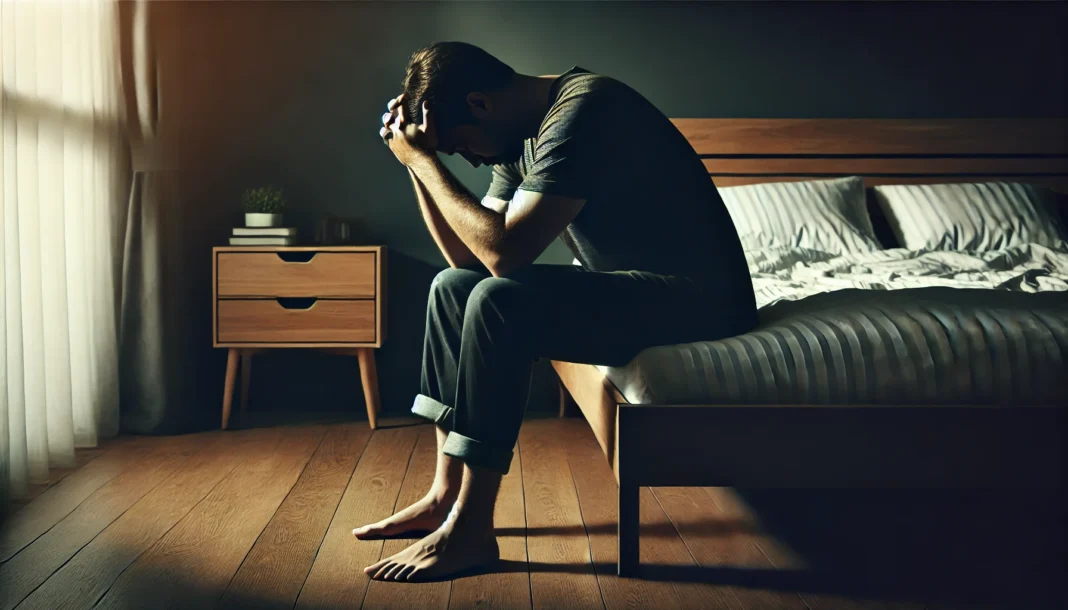 A solitary man sitting on the edge of his bed in a dimly lit bedroom, holding his head in his hands, representing emotional distress, anxiety, and mental health struggles in men.