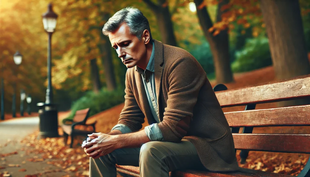 A middle-aged man sitting alone on a park bench, gazing downward with a distant expression, surrounded by autumn scenery, symbolizing loneliness, isolation, and depression.