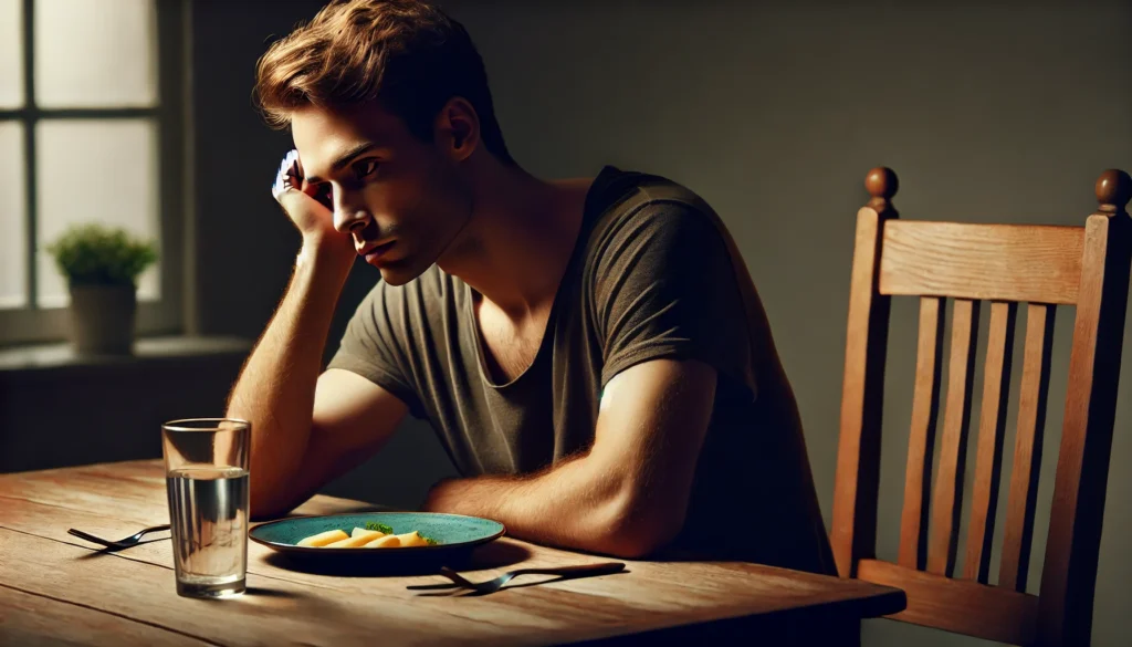 A young man sitting at a dining table with an untouched meal, looking away in deep thought, emphasizing stress, loss of appetite, and emotional struggles related to mental health.