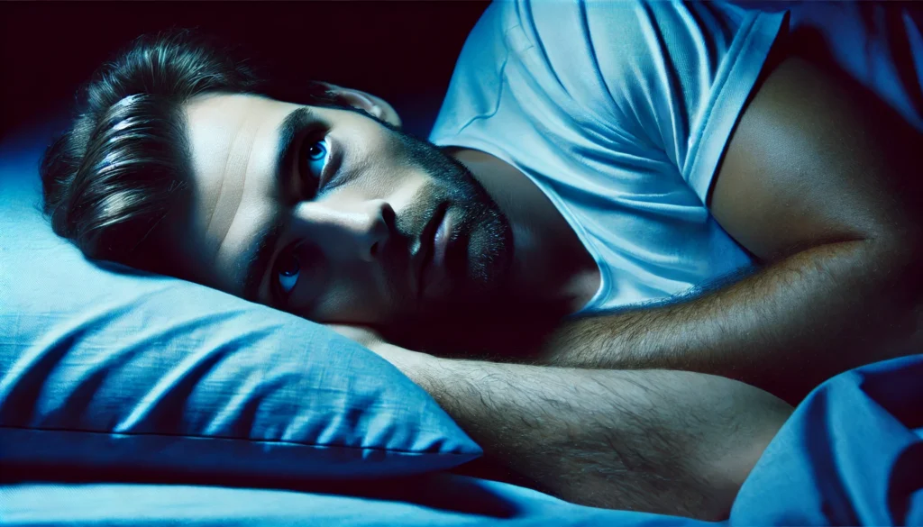 A man lying awake in bed at night, staring at the ceiling with a fatigued and restless expression, with dim blue lighting emphasizing insomnia, stress, and mental exhaustion.